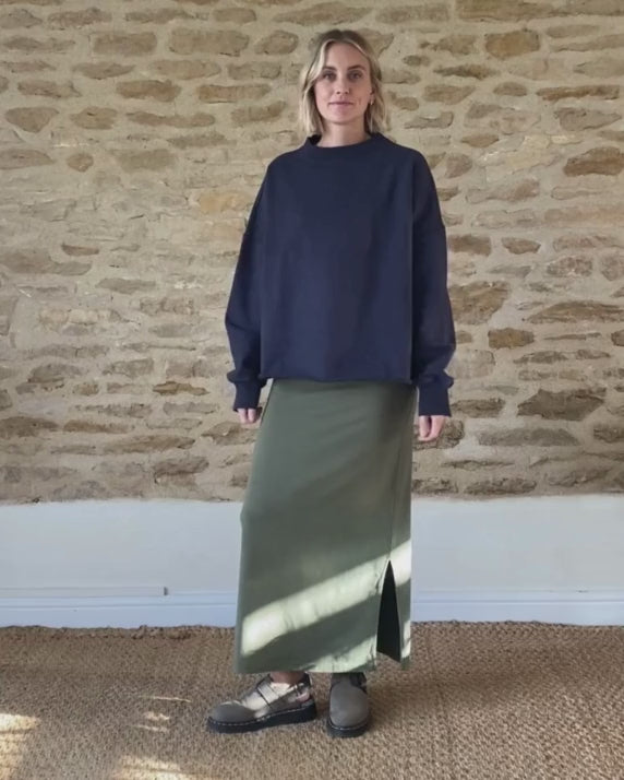 Shop dark olive jersey skirt with side splits - product video