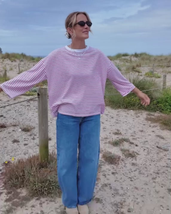 Erin 34 Organic Cotton Red Fine Stripe T-Shirt - beach video