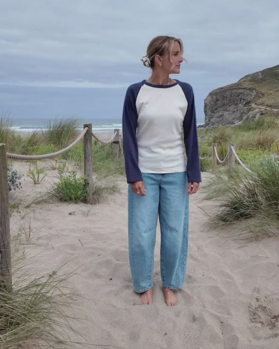 Nicola Organic Cotton Vintage Navy Ecru Raglan T-Shirt - beach video