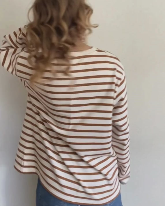 Shop heavyweight organic cotton Breton top in toffee brown colour