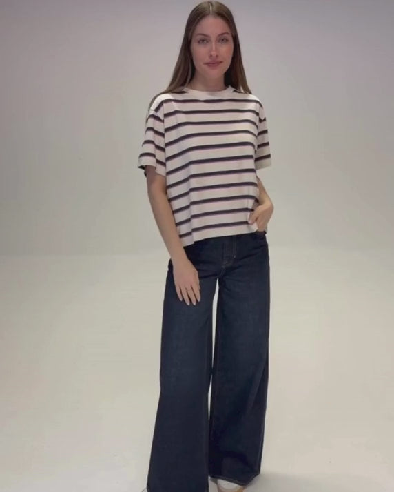 Hannah Midweight Organic Cotton Violet Ecru Multi Stripe T-Shirt product video
