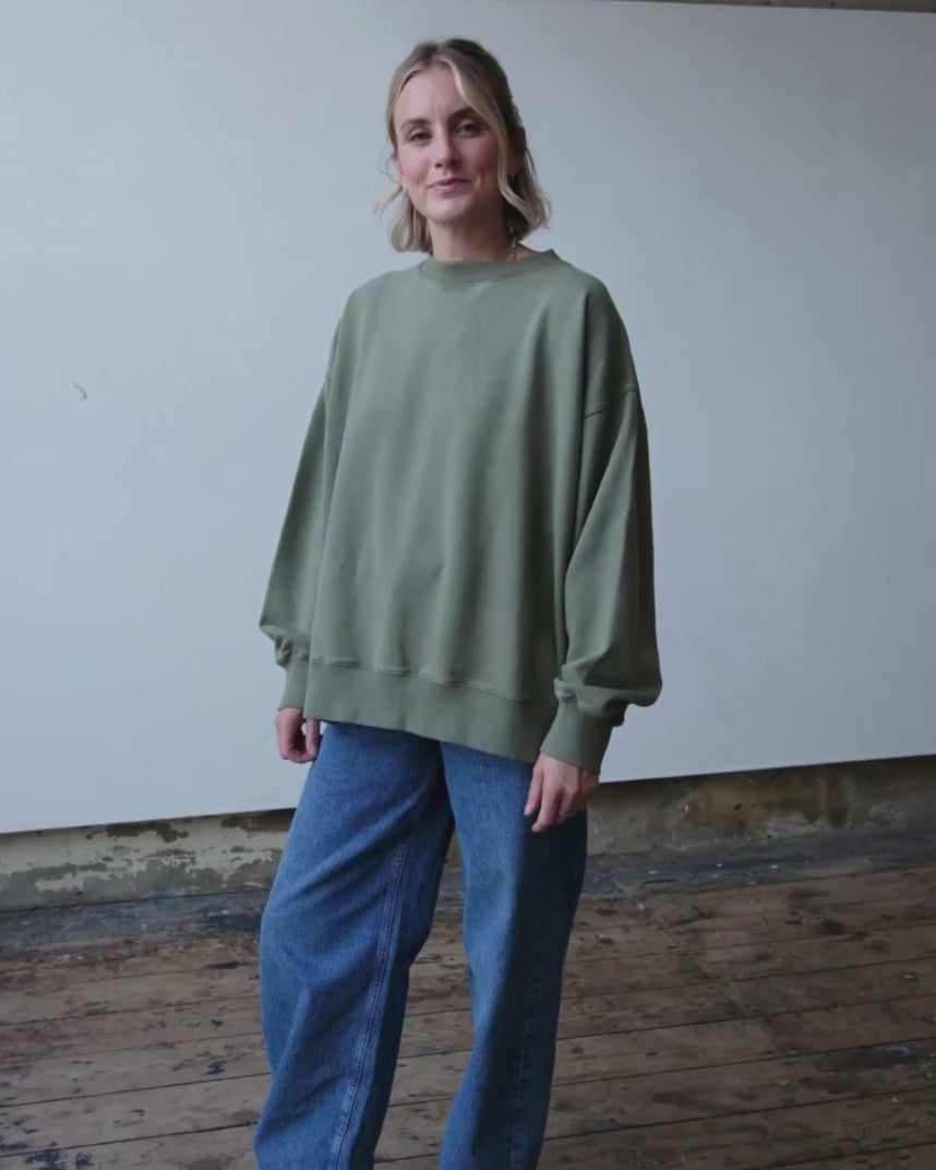 Connie Authentic Organic Cotton Washed Olive Sweatshirt video