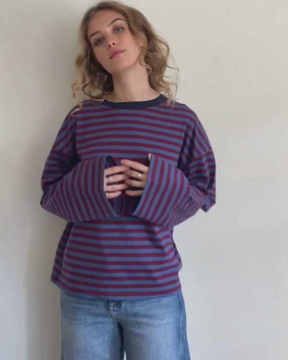 Shop Orla Long Sleeve Midweight Organic Cotton Burgundy and Blue Stripe T-Shirt
