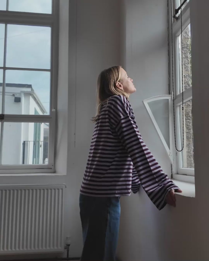purple and burgundy stripe t shirt in oversized shape