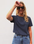 woman wearing a navy t shirt