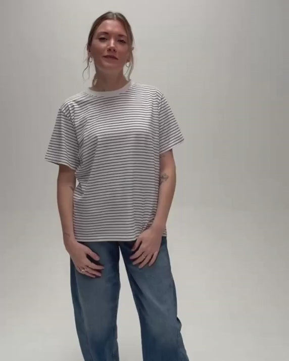 Maggie Organic Cotton Navy Fine Stripe T-Shirt product video