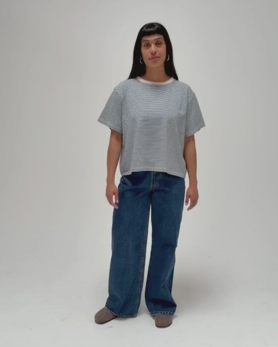 Hannah Midweight Organic Cotton Airforce Fine Stripe T-Shirt product video