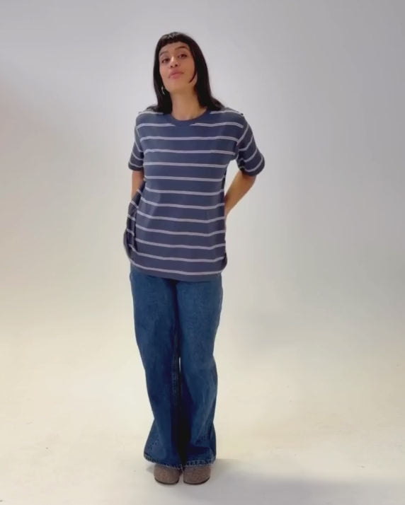 Maggie Organic Cotton Navy Pink Fine Stripe Boyfriend T-Shirt product video