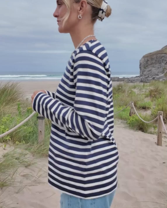 Sadie Midweight Slub Organic Cotton Navy Breton T-Shirt - beach video