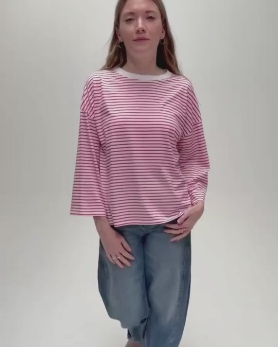 Erin 3 quarter Organic Cotton Red Fine Stripe T-Shirt product video