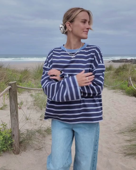 Orla Long Sleeve Midweight Organic Cotton Purple Multi Stripe T-Shirt beach video