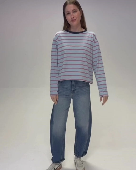 Hannah Long Sleeve Midweight Organic Cotton Sky Blue Multi Stripe T-Shirt product video