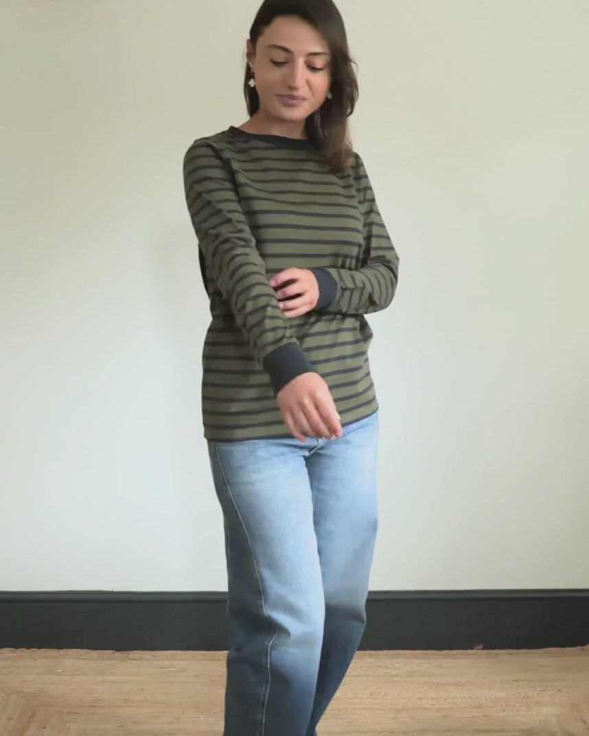 Audrey Organic Cotton Olive/Navy Breton T-Shirt