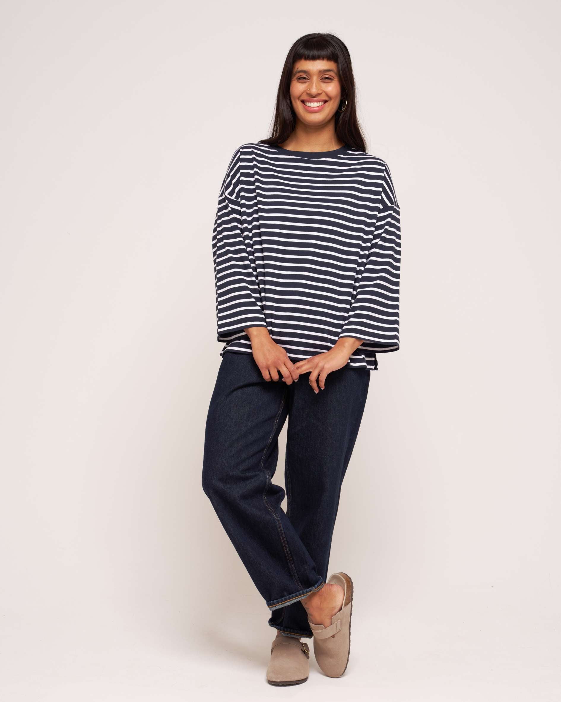 Erin 3/4 Organic Cotton White Breton T-Shirt