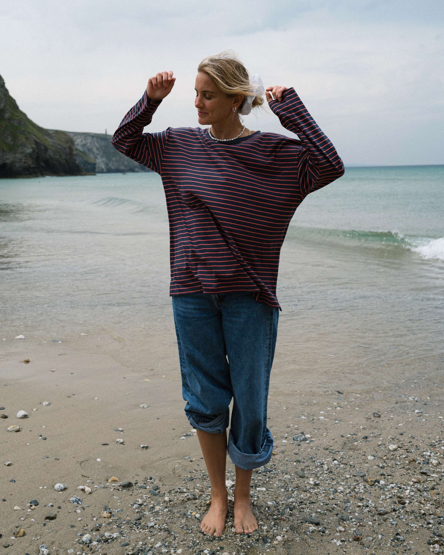 women's cotton maya long sleeve watermelon navy stripe tee