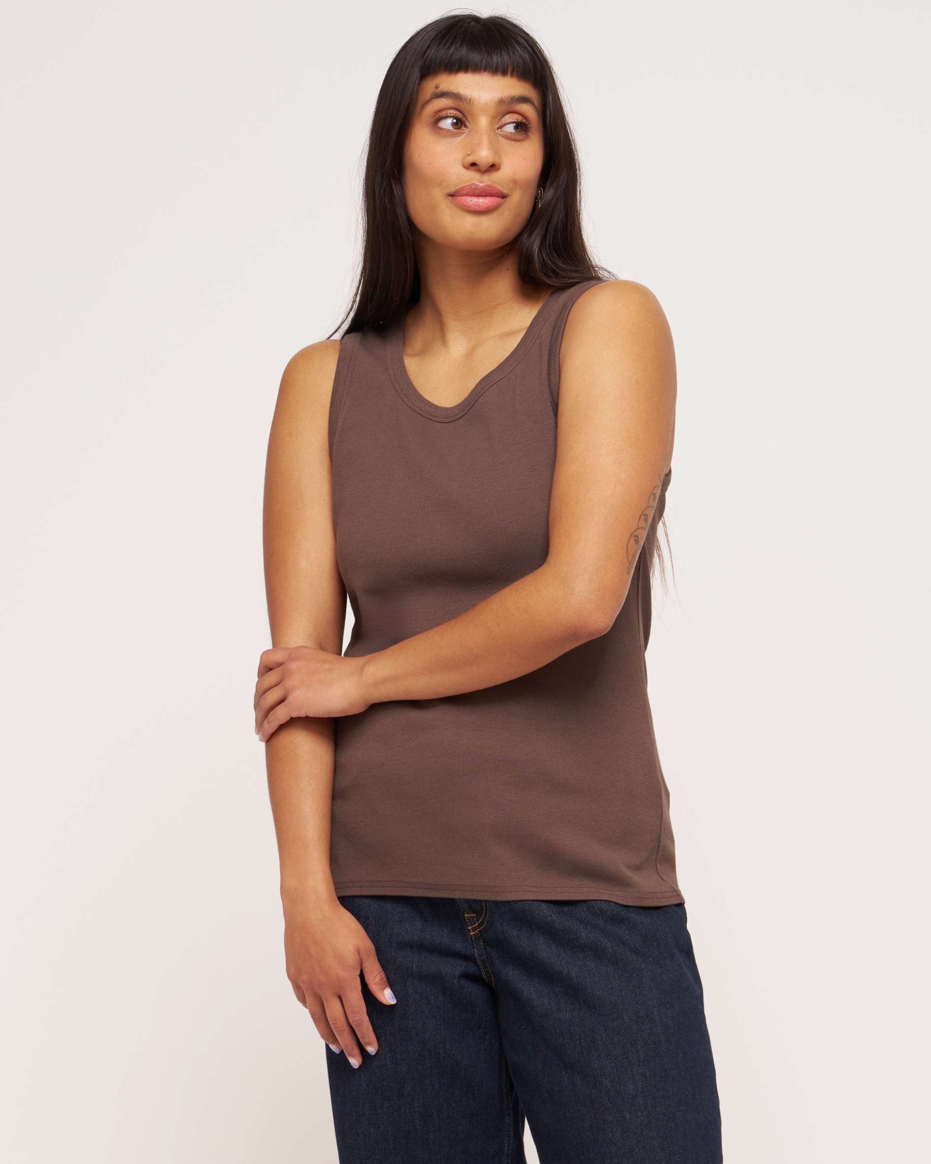 women's mocha Scoop neck ribbed organic cotton vest
