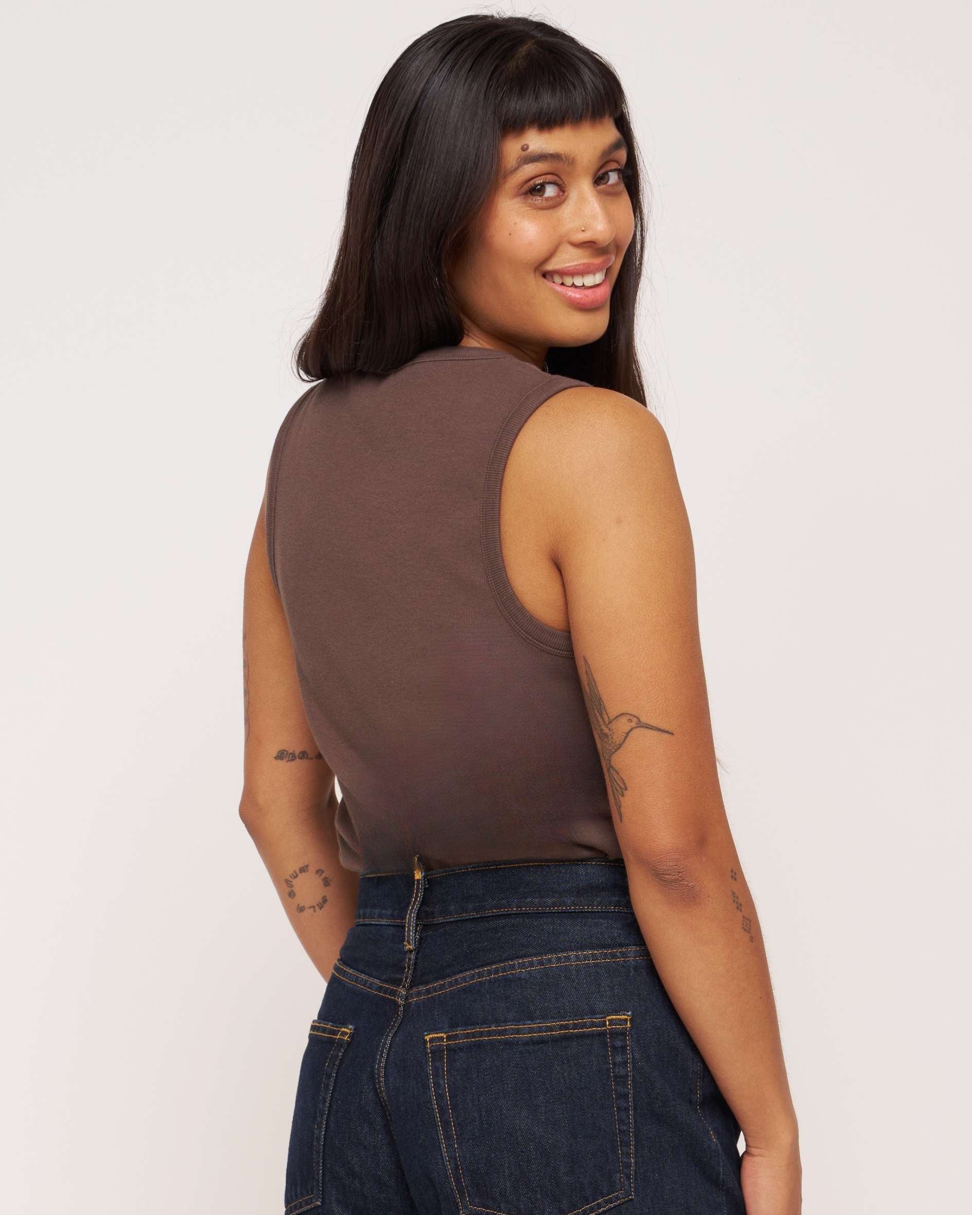 women' scoop neck rib brown cotton tank 