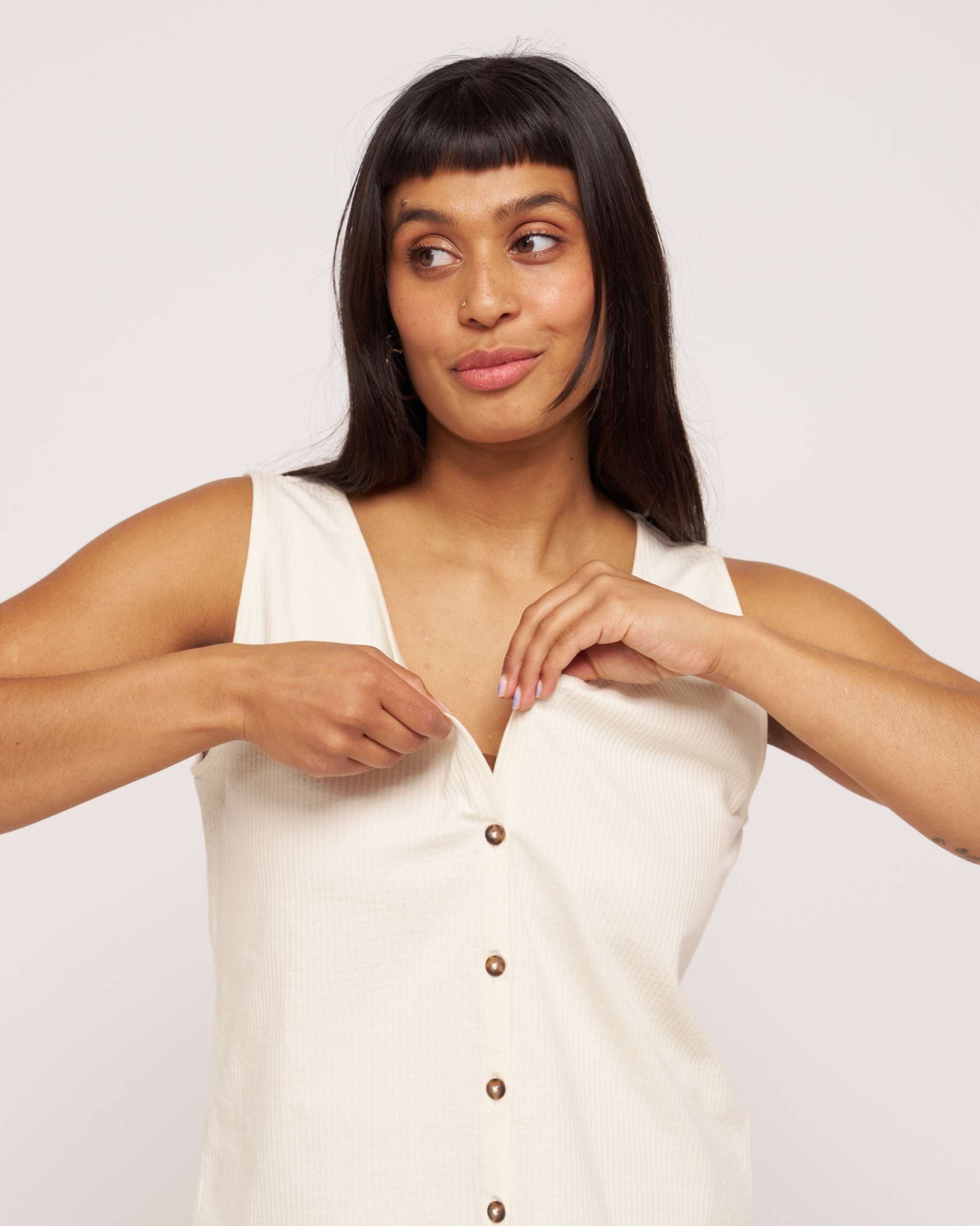 womens button down Ecru organic cotton vest