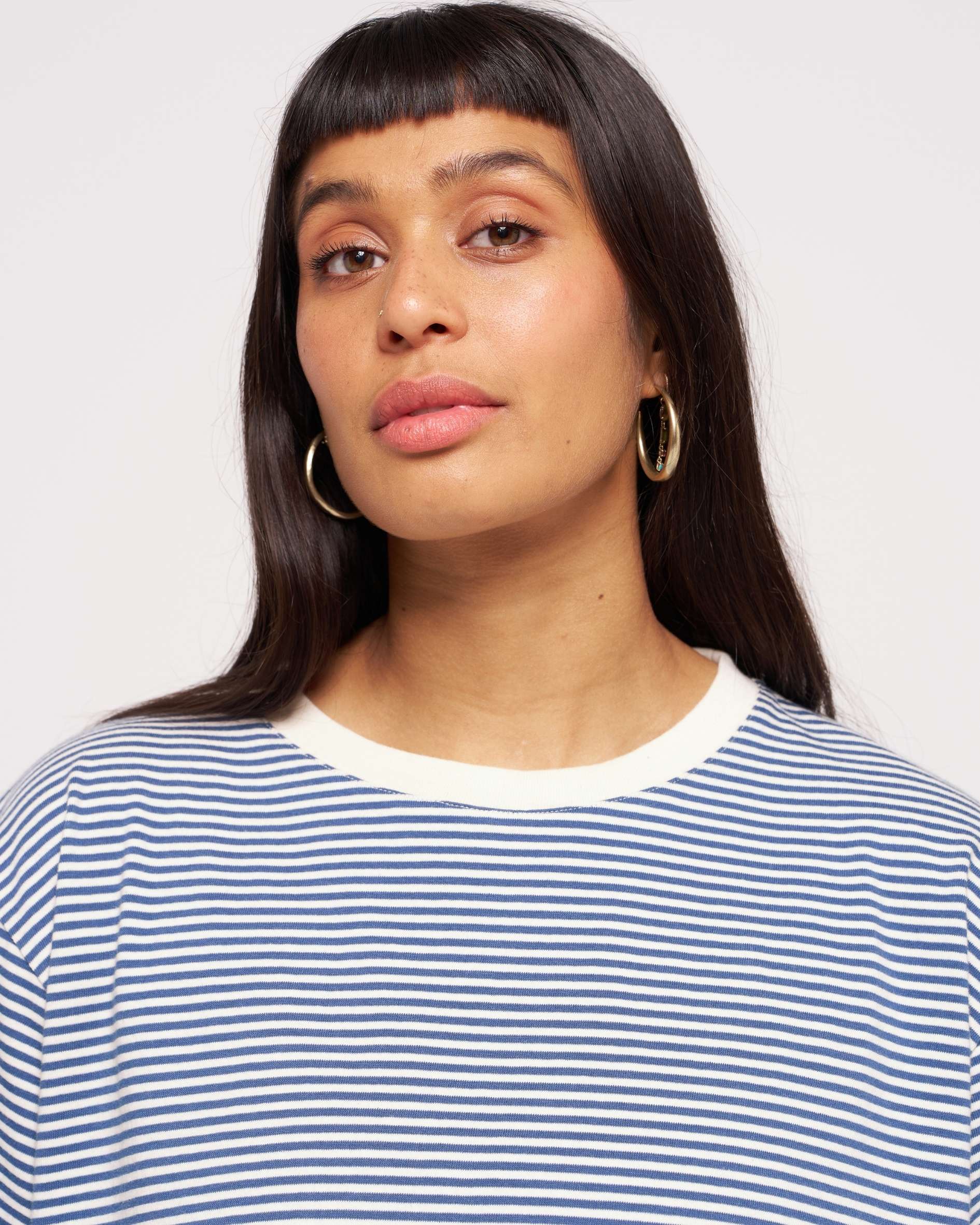 womens ecru airforce blue stripe short sleeve tee
