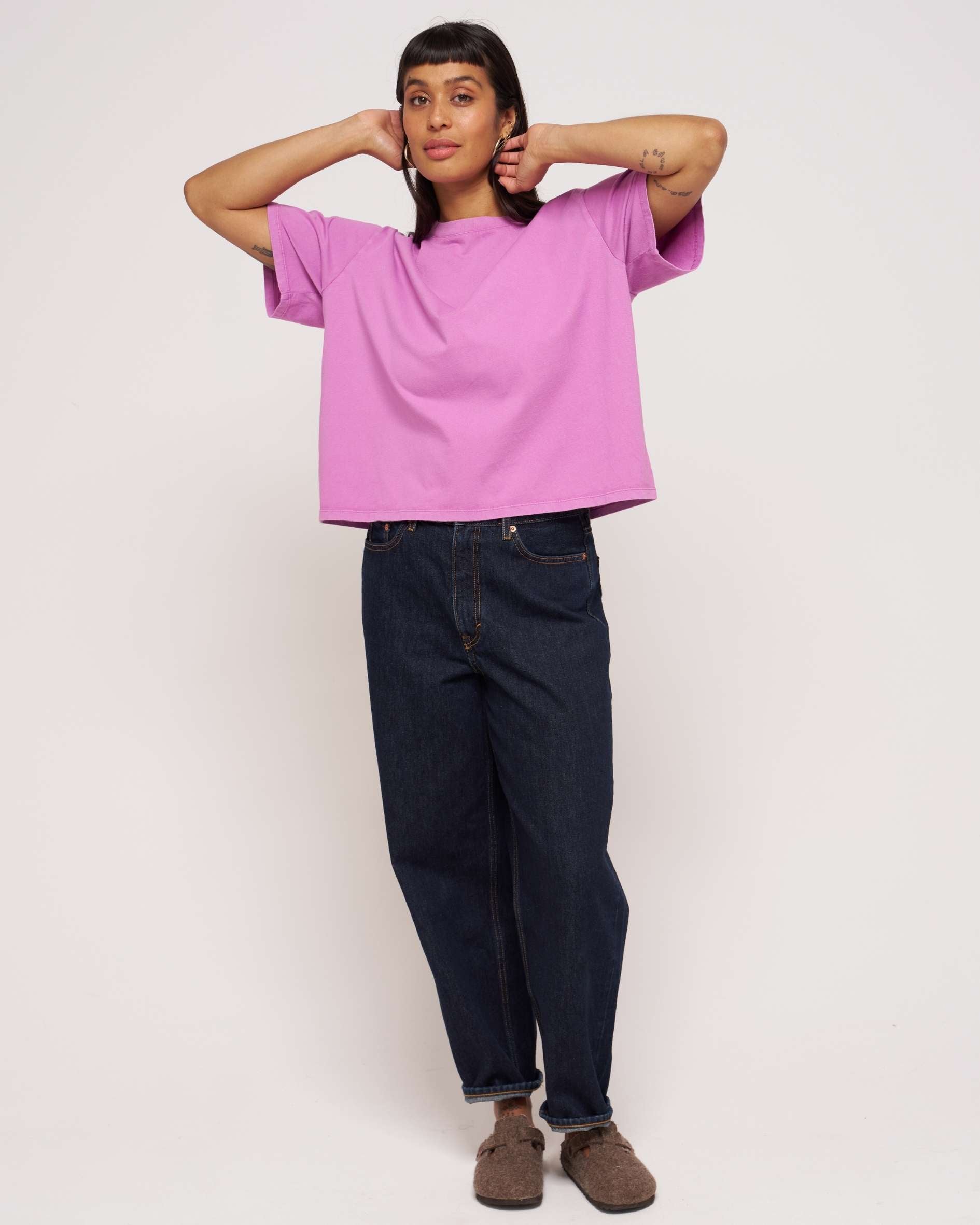 womens organic crew neck boxy purple t-shirt