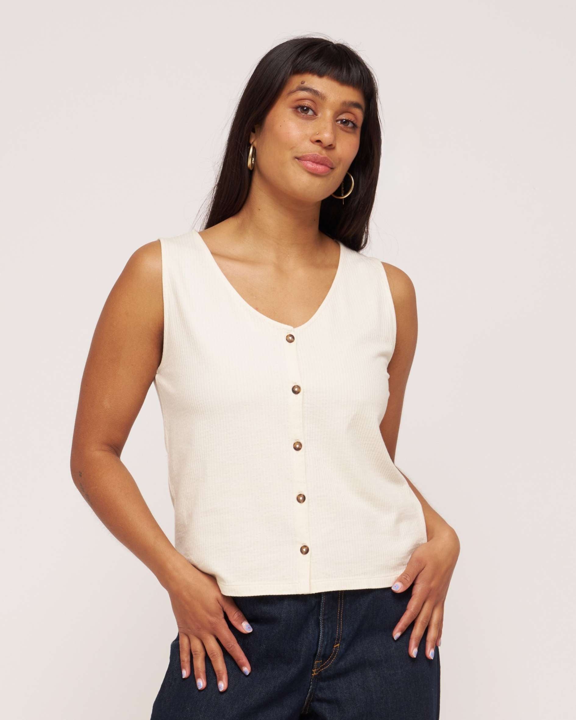 womens waffle cotton ecru button vest top