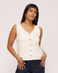 womens waffle cotton ecru button vest top