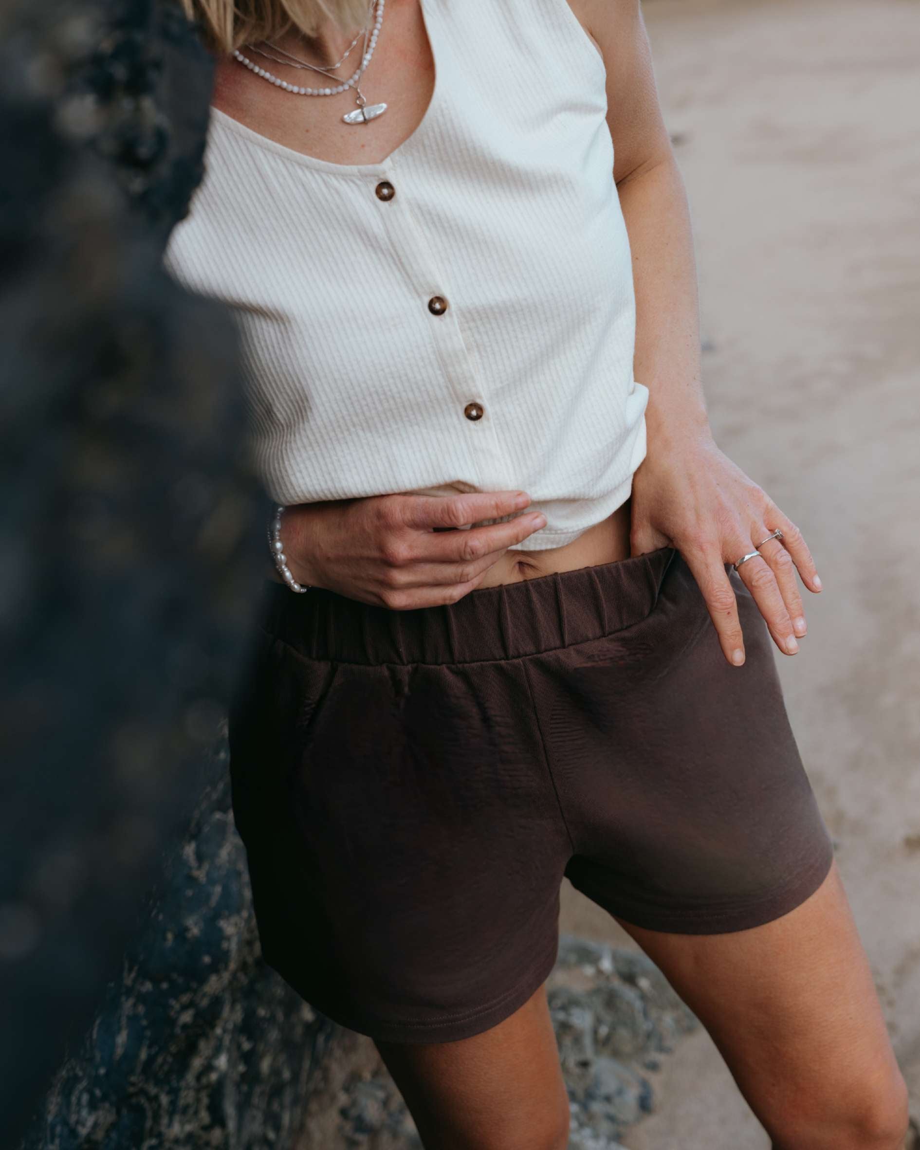 womens waffle cotton knit ecru button tank