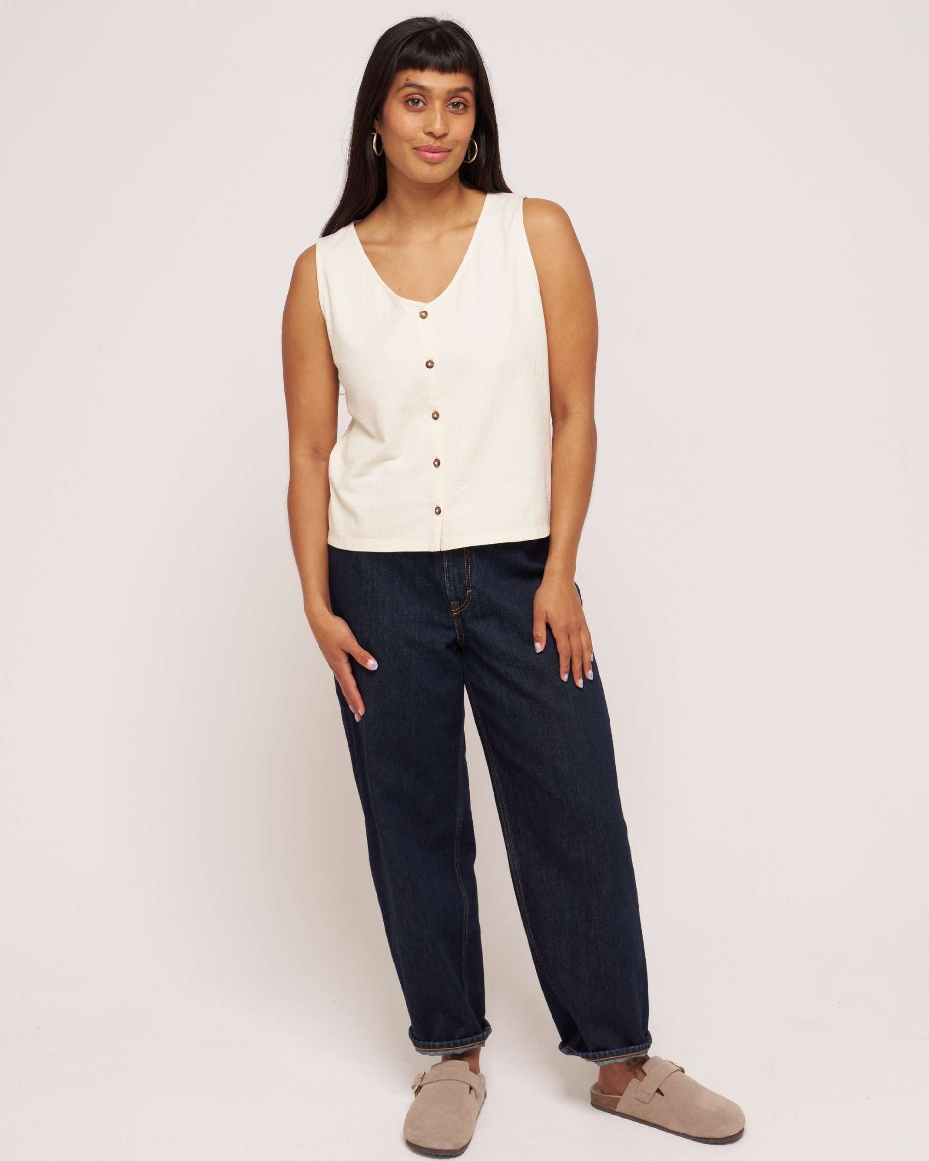 womens waffle cotton knit ecru button vest