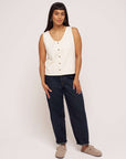 womens waffle cotton knit ecru button vest